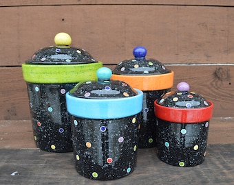 Speckled Black with Rainbow Polka Dots One Of A Kind Set of 4 Ceramic Canister Set - Domed Lids - XL, L, M, S - Pride LGBTQ