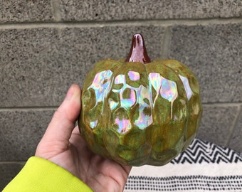 Faceted Hammered Gourd Ceramic Pumpkin - Mother of Pearl Rustic Apple Green n Brown - Fairytale Cinderella Pumpkins - Fall Home Decor