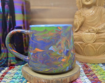 Rainbow Tie Dye Mug - Marbled Ceramic Coffee Mug - 16-18 oz. - Swirled Colorful One of A Kind Mugs - Blue Interior