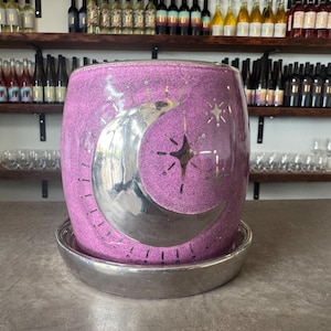 May include: A pink ceramic planter with a silver crescent moon and star design. The planter sits on a matching silver saucer. The background shows shelves of wine bottles.