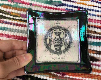 Zodiac Aquarius Black Rainbow Mother of Pearl Oil Slick Oraganic Dish - Change Holder - Colorful Astrological Sign - Water Pitcher Vessel