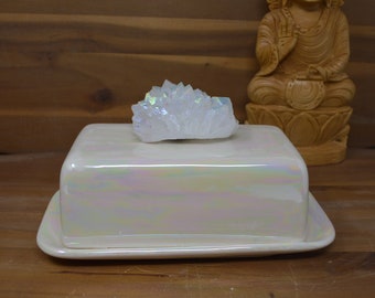 Rainbow Aura Quartz European Ceramic Butter Dish - Crystal Cluster - Wide Size - White Mother of Pearl Opalescent