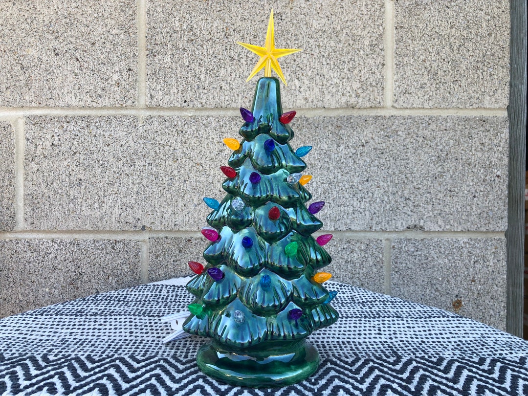 Vintage Style Ceramic Christmas Tree With Lights Handpainted Glass Green Lights Ready to Ship Etsy