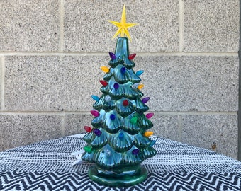 Vintage Style Ceramic Christmas Tree with Lights - Handpainted Glass Green Lights  - Ready to Ship