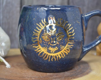 Sun Goddess Night Sky Blue and Gold Splatters Galaxy Mug - Ceramic Coffee Cocoa - 13 oz - Real Yellow Gold - Interior Star