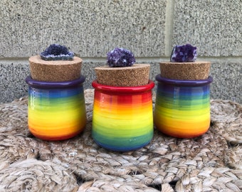 Amethyst Cluster and Rainbow Ombre Small Ceramic Stash Jar - Spice Jar - Cork Lid - Colorful Ceramics - Gay Pride LGBTQ