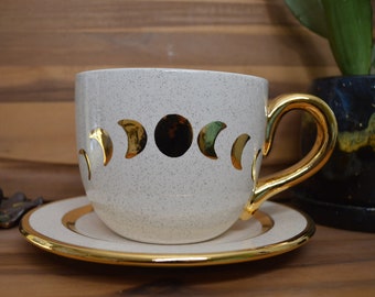 Yellow Gold and Glitter Lunar Phase - Crescent Moon - Jumbo Ceramic Cappuccino Mug and Dish Set - 28 oz.