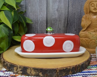 RESERVED Ceramic Mushroom Butter Dish - Red and Green - Mario Toad Inspired with Mushroom Knob - Polka Dots Shroomie