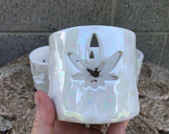 Iridescent White Kush Leaf Ceramic Votive or Candle Holder - Opalescent Mother of Pearl - Cut Out Marijuana Leaves - 420 Home Decor Rainbow