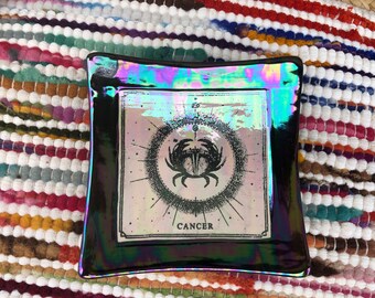 Zodiac Cancer Black Rainbow Mother of Pearl Oil Slick Oraganic Dish - Change Holder - Cute Colorful Astrological Sign - Crab