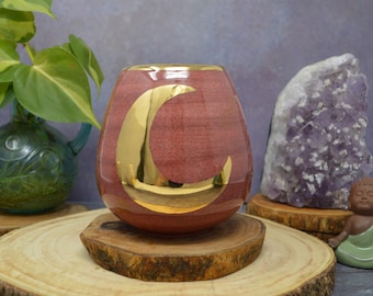 Large Lunar Stemless Wine Glass - Yellow Gold Crescent Moon - Ruby Red Glitter Glaze - 20 oz - Amber Sparkle Goddess Tumbler Cup Glass