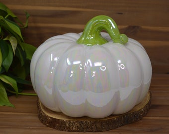 Giant Gourd Ceramic Pumpkin - Mother of Pearl White - Fairytale Cinderella Pumpkin - Harvest Apple Green - Fall Halloween Home Decor