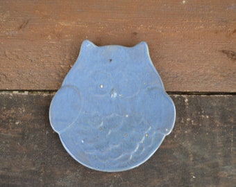 Foggy Mist Blue Ceramic Owl Dish - Modern Ceramic Plate - Catch All Jewelry, Change, Spoon Rest - Earth Tone Glaze