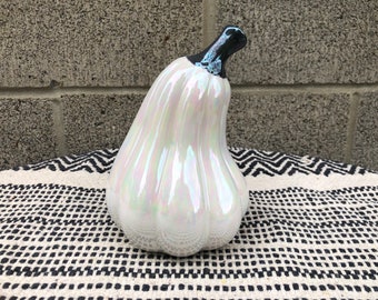 Tall Gourd Ceramic Pumpkin - Mother of Pearl- Opalescent White and Dark Gray - Rainbow Oil Slick - Fall Halloween Home Decor