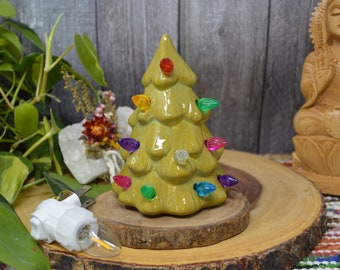 Vintage Style Ceramic Christmas Tree with Lights Wall Plug Nightlight - Hand Painted Lizard Green - Choose your Lights