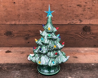 Vintage Style Ceramic Christmas Tree with Lights - Handpainted Glass Green - Small