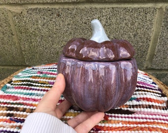 Plump Gourd Ceramic Pumpkin Container - Plum Purple and Speckled Silver Gray - Fairytale Fall Halloween Decor Canister Jar Box
