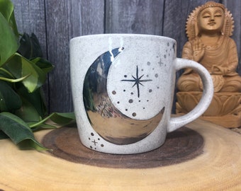 Starburst White Gold Crescent Moon Galaxy Coffee Mug - Silver Glitter Speckled Lunar Phase - 14 oz