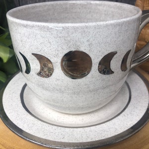 Or blanc et paillettes Phase lunaire Jumbo Cappuccino Mug et dish Set 28 oz. Silver Full Crescent Moon Extra Large Tasse à café image 4