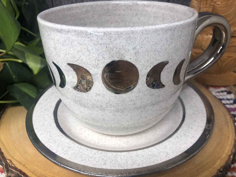 White Gold and Glitter Lunar Phase Jumbo Ceramic Cappuccino Mug and Dish Set 28 oz. Silver Full Crescent Moon Extra Large Coffee Mug image 4