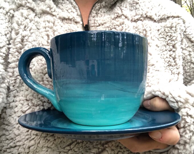 Teal Ombre Jumbo Soup Mug With Matching Saucer Plate 30 Oz. Etsy