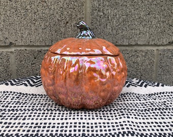 Textured Gourd Ceramic Pumpkin Container - Mother of Pearl Rustic Autumn Orange and Dark Gray - Fairytale Fall Halloween Decor Jar Box