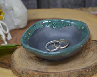 Adorable Little Ceramic Ring / Jewelry Dish / Holder - Catch All Decor - Organic Shape - Matte Black and Mystic Jade Green Crystals