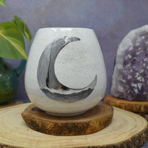 Large Lunar Stemless Wine Glass - White Gold Crescent Moon - Glitter Glaze - 20 oz - Silver Sparkle Goddess Tumbler Cup Glass