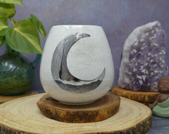 Large Lunar Stemless Wine Glass - White Gold Crescent Moon - Glitter Glaze - 20 oz - Silver Sparkle Goddess Tumbler Cup Glass