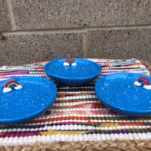 Adorable Kawaii Rainbow Cute Ceramic Ring / Jewelry Dish / Holder Catch All Decorative Tray Speckled Blue Sky image 5