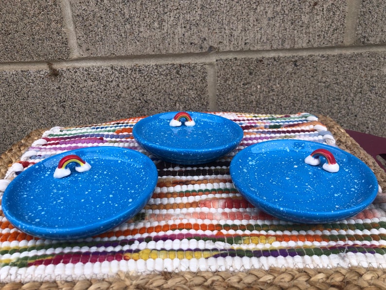 Adorable Kawaii Rainbow Cute Ceramic Ring / Jewelry Dish / Holder Catch All Decorative Tray Speckled Blue Sky image 5