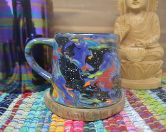 Rainbow Glitter Tie Dye Mug - Marbled Starry Night Large Ceramic Coffee Mug - 18 oz. - Swirled Sparkly Nebula Galaxy