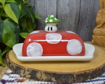 SECONDS SALE Double Ceramic Mushroom Butter Dish -  Red and Green - Cute Kawaii - Mario Toad Inspired with Mushroom Knob - Wide Size