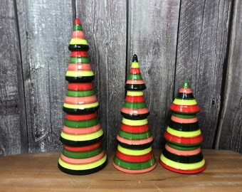 Set of Three Ceramic Christmas Tannenbaum Trees In Stripes of Reds and Greens - 3 Christmas Decorations - Colorful Unique Tree