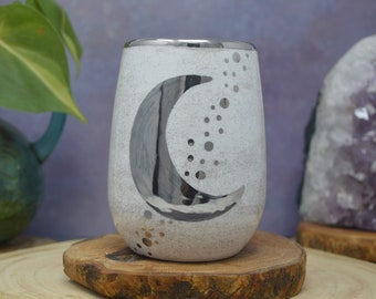 Stemless Wine Glass - White Gold Crescent Moon and Dots - White Speckle Glitter Glaze - 10 oz - Silver Sparkle Goddess Tumbler Cup Glass