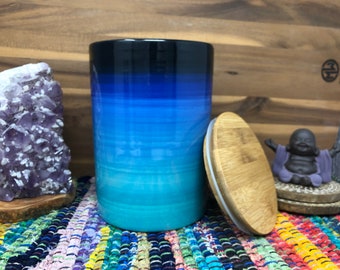 Teal to Blue Ombre Ceramic Canister or Cookie Jar with a Bamboo Lid / - XL - Extra Large - Gradient Design - Baby Aqua Royal Sapphire Navy