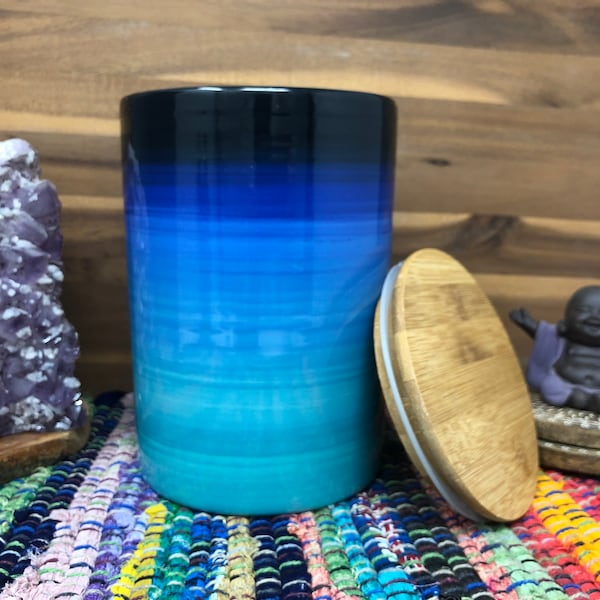 Teal to Blue Ombre Ceramic Canister or Cookie Jar with a Bamboo Lid / - XL - Extra Large - Gradient Design - Baby Aqua Royal Sapphire Navy