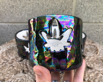 Iridescent Black Kush Leaf Ceramic Votive or Candle Holder - Opalescent Mother of Pearl - Cut Out Marijuana Leaves - 420 Home Decor