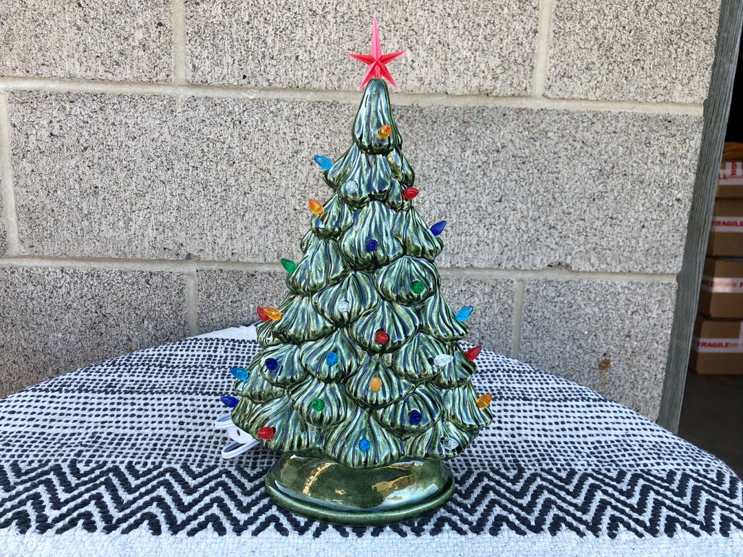 Vintage Style Ceramic Christmas Tree With Lights Handpainted Shimmer Glitter Green Lights Shelf