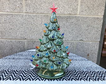 Vintage Style Ceramic Christmas Tree with Lights - Handpainted Shimmer Glitter Green Lights - Shelf Style - Ready to Ship