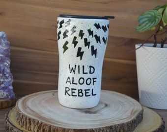 Wild Aloof Rebel - Schitt’s Creek David Rose Snarky Ceramic Travel Mug - 16 oz. Splatter Lightning Bolts - Rose Apothecary - Black and White