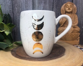 Yellow Gold and Splatter Lunar Phase Ceramic Coffee or Tea Mug - 16 oz. - Full Crescent Moon Phases - Large Coffee Mug