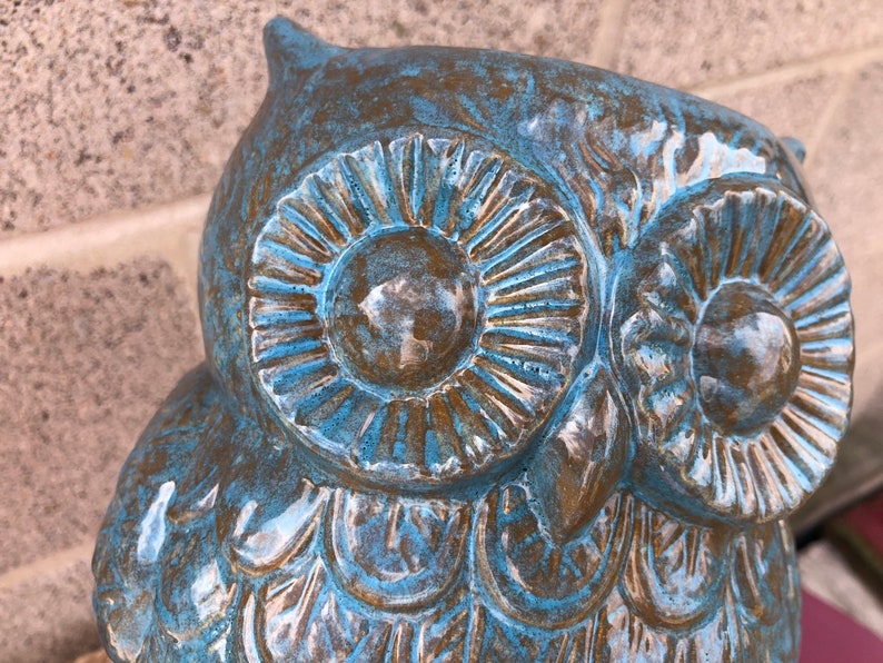 Mermaid Scales Ceramic Owl Utensil Holder / Crock / Planter Large Seafoam Green Ocean Blue image 4