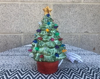 Vintage Style Ceramic Christmas Tree with Lights - Handpainted Glitter Green - Sparkly Amber Star, Shimmer Red Base