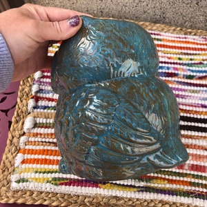 Mermaid Scales Ceramic Owl Utensil Holder / Crock / Planter Large Seafoam Green Ocean Blue image 6