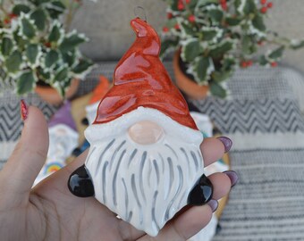 Adorable Ceramic Gnome Ornament with Fluffy Hat - Christmas Colors - One Ornament - Sold Individually - Rainbow Pride LGBT Green Navy