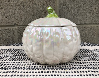 Textured Gourd Ceramic Pumpkin Container - Mother of Pearl White Opalescent and Apple Green - Fairytale Fall Halloween Decor Jar Box