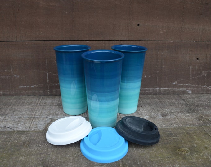 Turquoise Ombre Large Ceramic Travel Mug With Silicone Lid Gradient