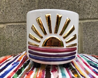 Italian Winery Ombre and REAL Yellow GOLD Striped Sunburst Ceramic Flower Pot - Office Planter - Colorful Sunshine Whimsical - No Drain Hole