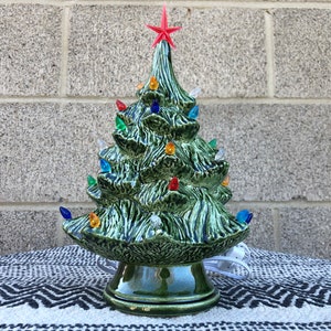 Vintage Style Ceramic Christmas Tree with Lights - Handpainted Shimmer Glitter Green - Small